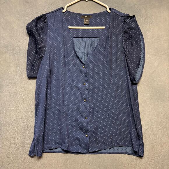 H&M Navy Dotted Sheer Button Front Blouse Size 10 Blue Work Business Office - Picture 1 of 11